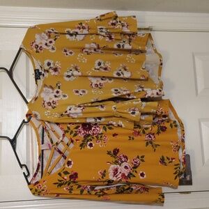 Mustard yellow floral print fall tops blouses large woman's